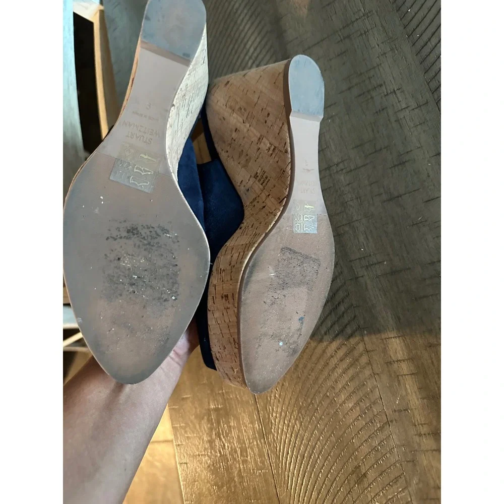 Stuart Weitzman Navy Suede Peep-Toe Cork Wedge Slingback Sandals - Size 9b - Picture 3 of 6